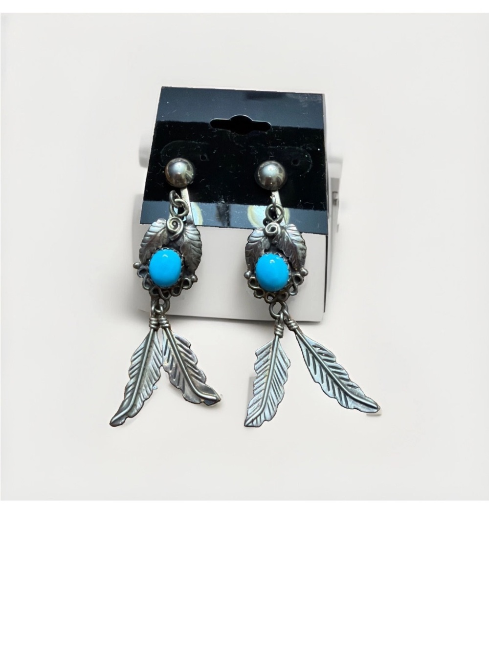 Turquoise Stone Silver Feather Drop Earrings